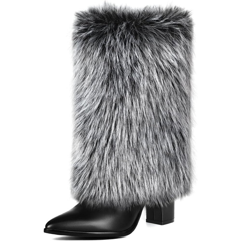 Womens 3.3 Inch Black Grey Chunky Mid Calf Fur Heel Fuzzy Pointed Toe Boots